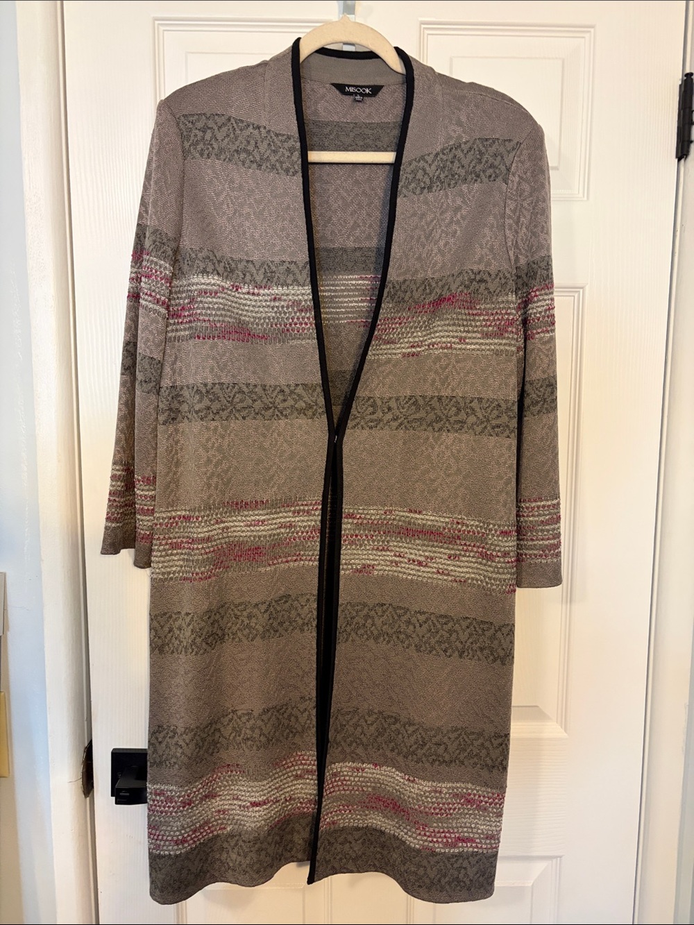 Misook Taupe Open-Front Long Cardigan with Pink Stripe Accents